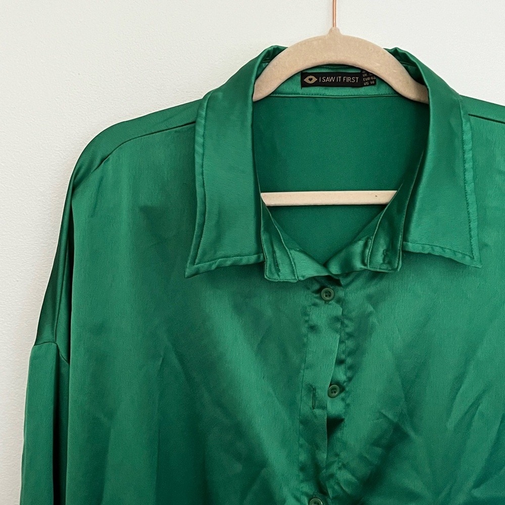 I Saw It First emerald green satin dress with fluffy cuffs
